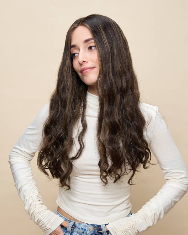 Brown + Highlights 22" wavy wig — angled2