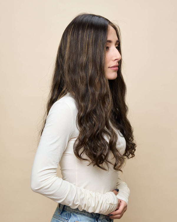 Brown + Highlights 22" wavy wig — angled3