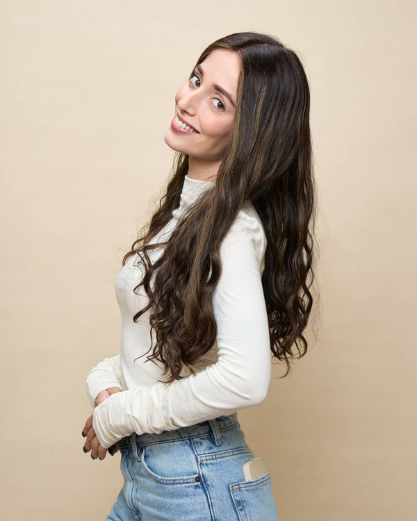 Brown + Highlights 22" wavy wig — side